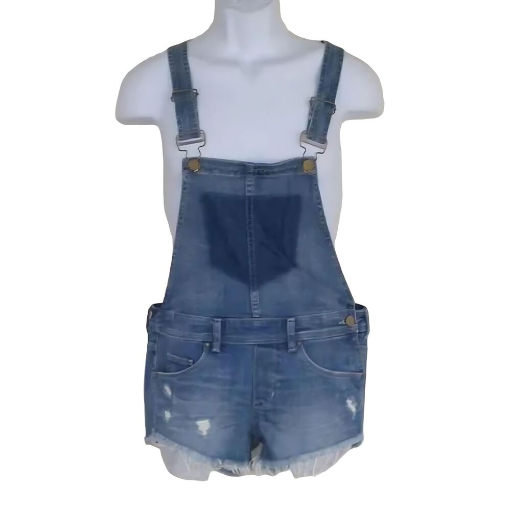 BLANK NYC Bib Overall Shorts, 26, Side Zip, Blue, Cuttoffs, Pockets Cotton blend